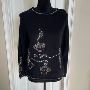 Christopher & Banks Black Sweater with Coffee Cup Motif